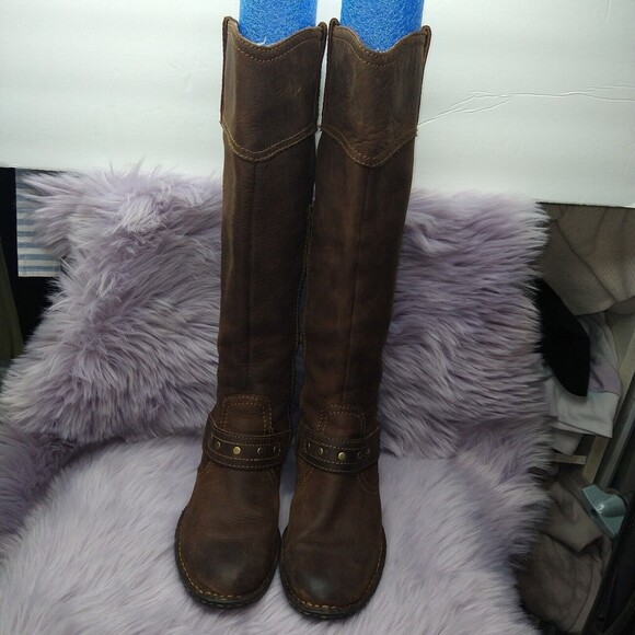 Born Leather Knee High Harness Boots Brass Studs Womens Size 6 Brown W62173 - Picture 3 of 12
